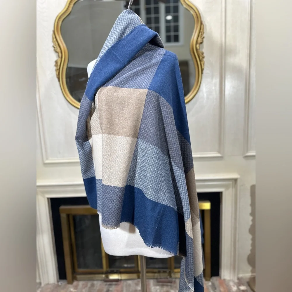 Vintage JC Penney Italian Plaid Wrap Scarf‎ Shawl 51x51 Blue Beige Check